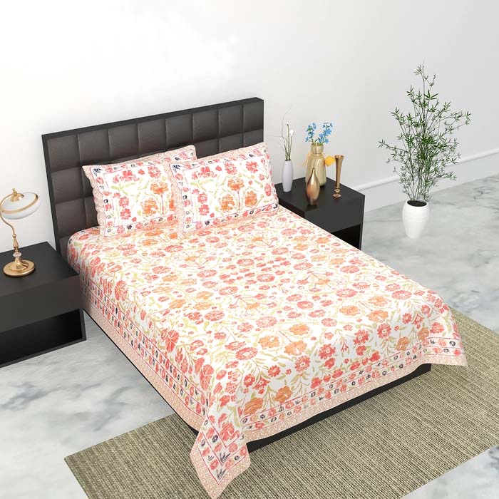 SB-07-King Size (70 in*100 In )-SB-005 Jaipuri Printed Pure Cotton Premium Single Bedsheet With 2 Pillow Cover