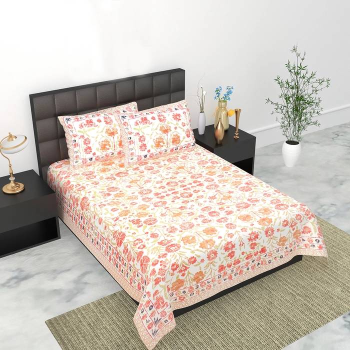 SB-07-King Size (70 in*100 In )-SB-001 Jaipuri Printed Pure Cotton Premium Single Bedsheet With 2 Pillow Cover