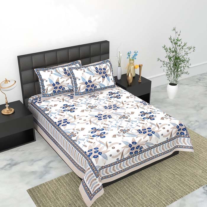 SB-07-King Size (70 in*100 In )-SB-008 Jaipuri Printed Pure Cotton Premium Single Bedsheet With 2 Pillow Cover