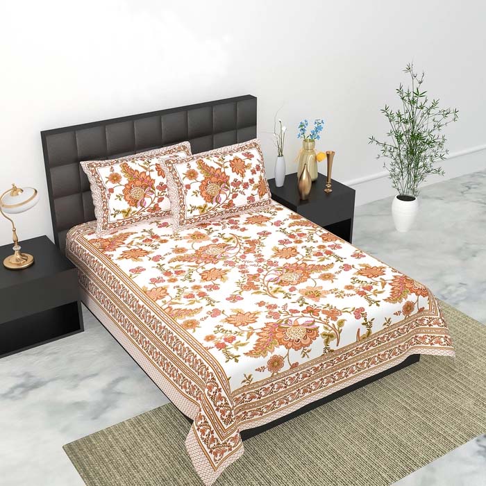 SB-07-King Size (70 in*100 In )-SB-004 Jaipuri Printed Pure Cotton Premium Single Bedsheet With 2 Pillow Cover