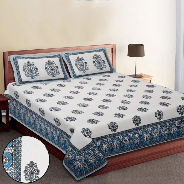 DB-King Size (108 in*108 In )-Jaipuri Printed Pure Cotton Premium Double Bedsheet With Two Pillow Cover