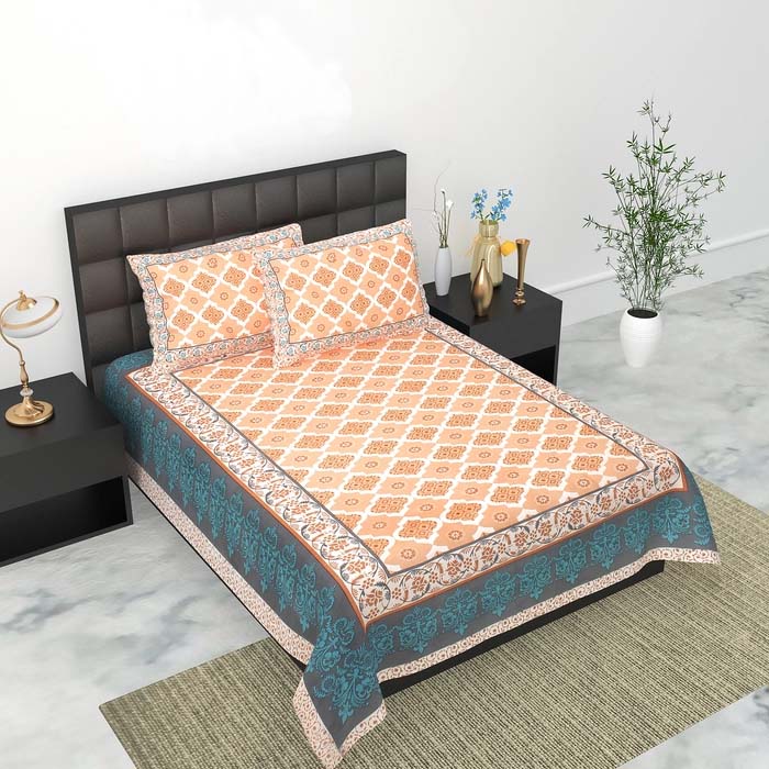 SB-07-King Size (70 in*100 In )-SB-025 Jaipuri Printed Pure Cotton Premium Single Bedsheet With 2 Pillow Cover