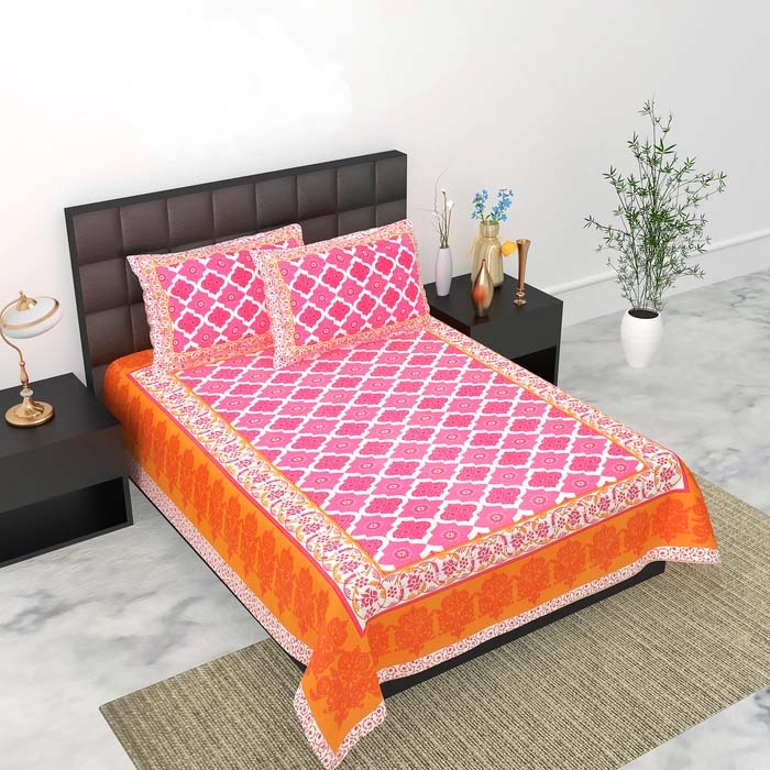 SB-07-King Size (70 in*100 In )-SB-026 Jaipuri Printed Pure Cotton Premium Single Bedsheet With 2 Pillow Cover