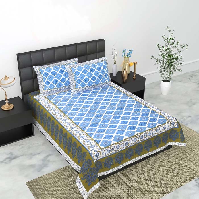 SB-07-King Size (70 in*100 In )-SB-027 Jaipuri Printed Pure Cotton Premium Single Bedsheet With 2 Pillow Cover