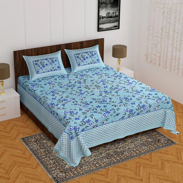 DB-Queen size (90*100 Inches)-QZ-751-Jaipuri Print Pure Cotton Double Bedsheet With 2 Pillow covers
