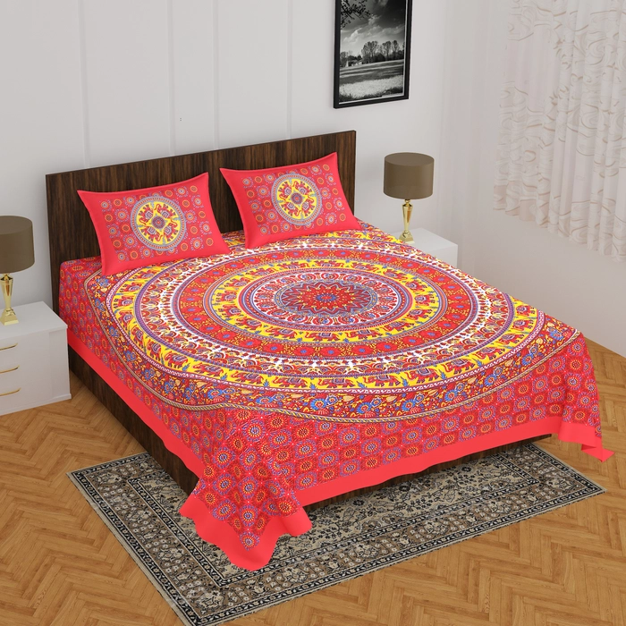 DB-Queen size (90*100 Inchs)-Jaipuri Print Pure Cotton Double Bedsheet With 2 Pillow covers-826