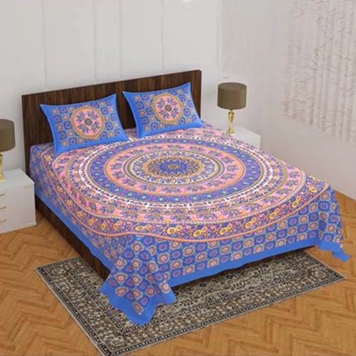 DB-Queen size (90*100 Inchs)-Jaipuri Print Pure Cotton Double Bedsheet With 2 Pillow covers-825