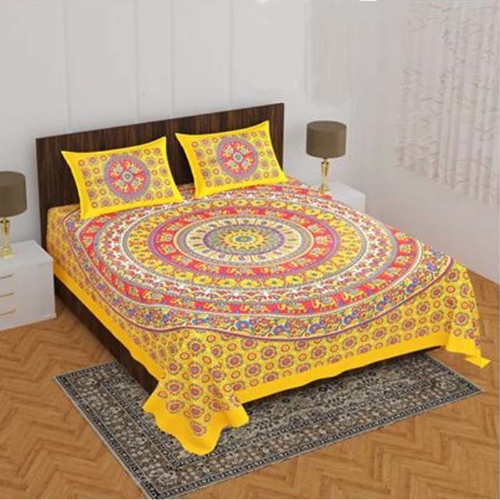 DB-Queen size (90*100 Inchs)-QZ-827-Jaipuri Print Pure Cotton Double Bedsheet With 2 Pillow covers-827